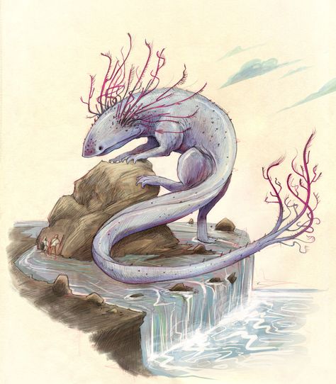 Strange Creatures Art, Axolotl Monster, Fantasy Sea Creatures, Axolotl Art, Fictional Creatures, Space Creatures, Hybrid Creatures, Mythical Sea Creatures, Creature Artwork