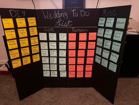 Wedding Plan Board, Wedding Todo Board, Poster Board Wedding Planning, Wedding Poster Board Checklist, Post It Wedding Planning, Wedding Board Planning, Wedding Planning Board Diy Sticky Notes, Sticky Note Wedding Planning Board, Wedding To Do Board