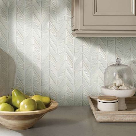 Chevron Tile Backsplash, Herringbone Backsplash Kitchen, Green Kitchen Backsplash, Chevron Backsplash, Neutral Backsplash Kitchen, Ceramic Tile Backsplash, Sage Green Kitchen, Chevron Tile, Dark Countertops