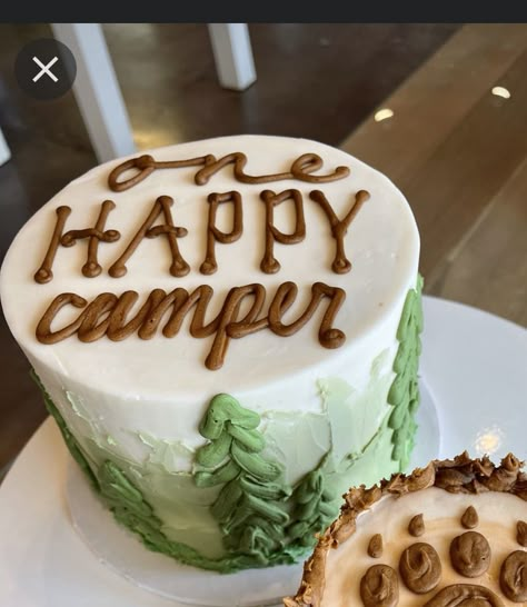 Campfire Smash Cake First Birthdays, Happy Camper Cake Ideas, Happy Camper Smash Cake Diy, One Happy Camper First Birthday Sign, Camping Themed Smash Cake, Smash Cake One Happy Camper, One Happy Camper Pictures, Camp Smash Cake, One Happy Camper First Birthday Smash Cake