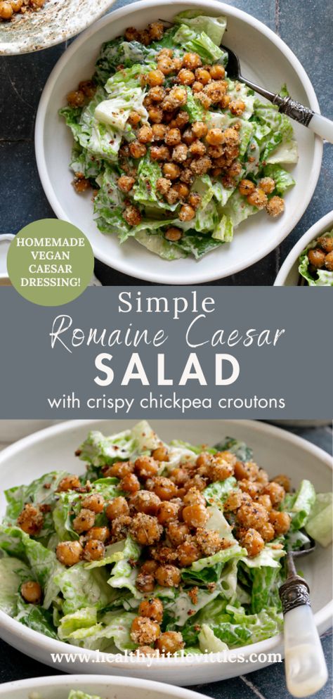 Simple Romaine Caesar Salad with Crispy Chickpea Croutons (vegan!) Protein Packed Lunch, Chickpea Croutons, Cashew Dressing, Vegan Caesar Dressing, Vegan Caesar Salad, Crunchy Chickpeas, Vegan Caesar, Vegan Lunch Recipes, Recipes Beef