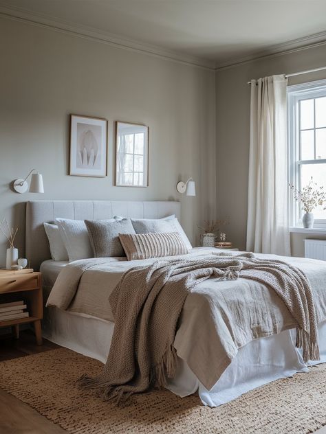 Behr Toasty Gray Greige Bedroom Walls, Behr Bedroom Paint Colors, Grey And Tan Bedroom, Behr Toasty Gray, White And Taupe Bedroom, Taupe Bedroom Walls, Rental Remodel, Greige Bedroom, Tan Bedroom