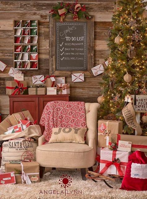 Christmas Back Drop Ideas Pictures, Santa Photo Backdrop Ideas, Santas Workshop Theme Decorations, Christmas Grotto Ideas, Christmas Photo Background, Christmas Grotto, Joulun Aika, Christmas Booth, Photo Backdrop Christmas