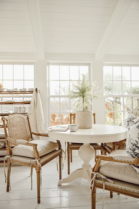 Sunroom Breakfast Nook - Liz Marie Blog Sunroom Breakfast Nook, Cottage Breakfast Nook, Sunroom Table, Cottage Breakfast, Different Chairs, Formal Dining Room Table, Eating Nook, Painted Dining Table, Kitchen Breakfast Nooks