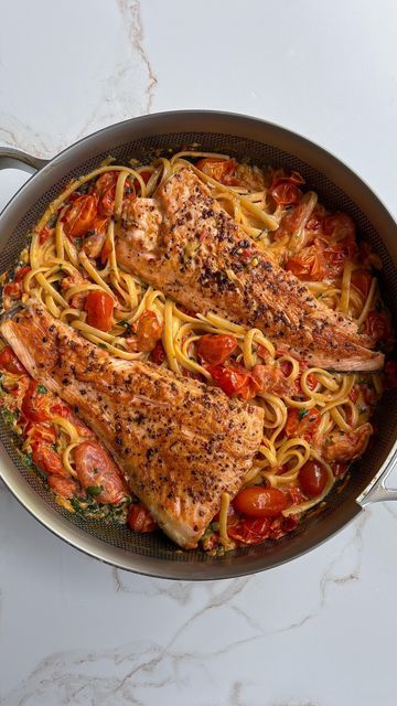 Carina Wolff on Instagram: "creamy calabrian chili salmon & linguine with burst tomatoes! I got the new @ourplace titanium always pan pro, and I wanted to test it out with some pan-seared salmon and a homemade creamy and spicy tomato sauce (recipe below) #ad

the new technology of this pan is so cool! it’s nonstick, but you also have the ability to sear. even though it’s nonstick, there’s no coating, PFAS, or other forever chemicals. 

I’ve linked the pan and all the other @ourplace products I used in this video in my LTK Shop which is linked in my profile (or go here! https://liketk.it/4F2Fh)

RECIPE (serves 2)
8 oz linguine
2 tbsp olive oil, divided (plus more for pasta)
1 lb salmon
Seasoning of choice
2 ½ cups cherry or grape tomatoes
2 shallots, finely chopped
4 cloves minced garlic
2 Salmon Linguine, Chili Salmon, Burst Tomatoes, Forever Chemicals, Always Pan, Calabrian Chili, Salmon Seasoning, Spicy Tomato Sauce, Pan Seared Salmon