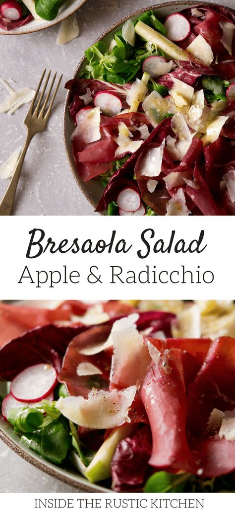 Bresaola salad with apple and radicchio. An easy Italian salad recipe with parmesan, radishes and a simple garlic, olive oil dressing. A great light lunch or starter that's packed full of delicious flavours. More authentic Italian recipes at Inside the rustic kitchen. Bresaola Salad, Easy Italian Salad, Simple Italian Salad, Authentic Italian Recipes, Italian Recipes Appetizers, Italian Salad Recipes, Olive Oil Dressing, Oil Dressing, Italian Recipes Traditional