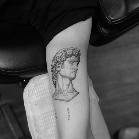 Michelangelo Tattoo, Apollo Tattoo, David Tattoo, History Tattoos, Statue Tattoo, Greek Mythology Tattoos, Mythology Tattoos, Greek Tattoos, Tattoo Style Drawings