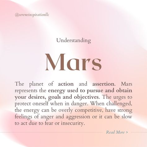 Your #marssign in your #natalchart tells you what drives you and how you go about getting what you want. It’s the energy and effort you put into pursuing your goals and desires. Do you pursue your desires directly and think later? Are you patient? Your mars placement and aspects describes this. What’s your mars sign?! Have no clue but want to know more? DM me! #astrologysign #marssigns #marsinastrology #marsinscorpio #marsinsigns Mars Energy, Mars Astrology, Mars Sign, Strong Feelings, Goals And Objectives, Energy Use, Natal Charts, Our Solar System, Get What You Want