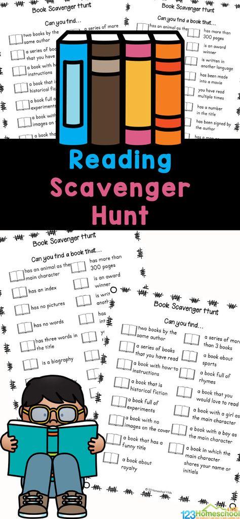 Kids will enjoy searching for different books and information in books with this fun and free Reading Scavenger Hunt. This free printable scavenger hunt is fun for kindergarten, first grade, 2nd grade, 3rd grade, 4th grade, and 5th grade students. Using thie literacy scavenger hunt is a great way for kids to become familiar with the library and how to find different resources. Simply print library printable pdf file with the scavenger hunt pdf in color or black and white and you are ready for Library Activities For Kids, Reading Scavenger Hunt, Fun Library Activities, Books For 1st Graders, Comprehension Bookmarks, Book Scavenger Hunt, 4th Grade Books, 3rd Grade Books, Library Games