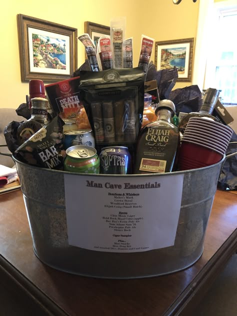 Man Cave Essentials Silent Auction gift basket Mens Silent Auction Basket, Alcohol Silent Auction Basket, Man Cave Basket Ideas, Prize Basket Ideas, Man Cave Gift Basket, Social Prizes, Bourbon Gifts Basket, Mens Gift Basket Ideas, Silent Auction Basket Ideas