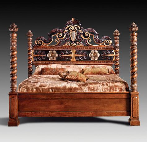 King Four Poster Bed Hand Carved Headboard, Wood Sleigh Bed, Rustic Italian Decor, Wood Canopy Bed, Vintage Bed Frame, Letto King Size, Carved Headboard, Walnut Bed, Eastern King Bed