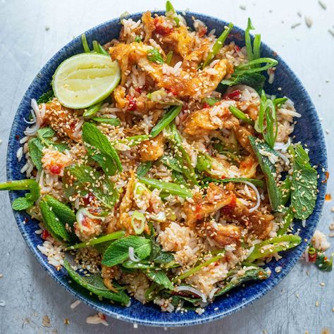 Fluffy Jasmine Rice, Thai Omelette, Tasty Thai, Chilli Jam, Healthy Eggs, Sugar Snap Peas, Toasted Sesame Seeds, Jasmine Rice, Snap Peas