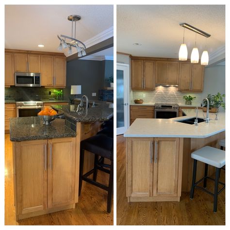 Kitchen Island Before And After, Two Tier Kitchen Counter, Converting 2 Tier Kitchen Island To Single Level, Lower Kitchen Bar To Counter Height, Angled Peninsula Kitchen, Two Tier Kitchen Island, Kitchen Island With Sink And Dishwasher, Countertop Remodel, Curved Kitchen Island