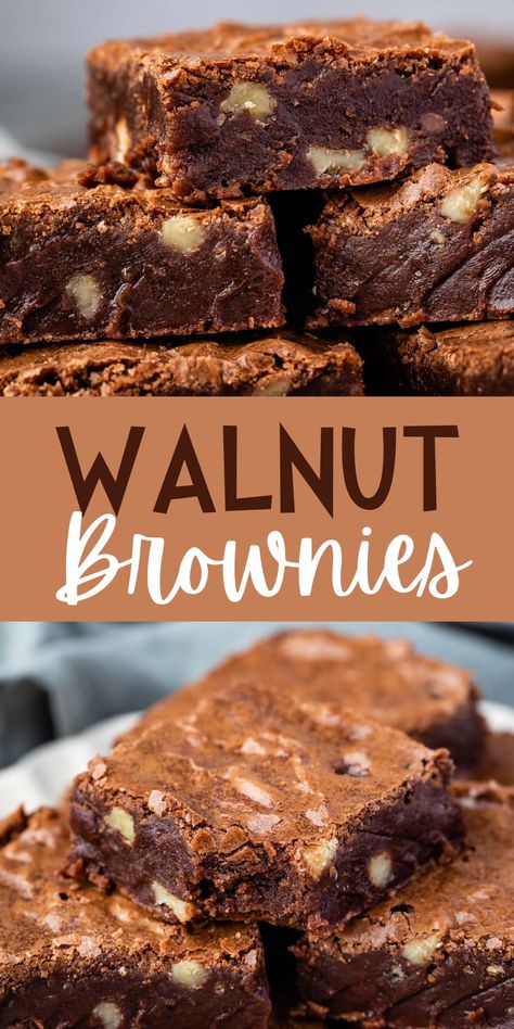 Walnut Brownies are a fudgy brownie recipe with brown butter and full of walnuts. If you like brownies with nuts this is the recipe for you! Homemade Walnut Brownies, Recipes With Walnuts Baking, Brownie Types, Walnut Recipes Dessert, Walnut Brownies Recipe, Black Walnuts Recipes, Walnut Brownie Recipe, Walnut Dessert, Amaretti Cookie Recipe