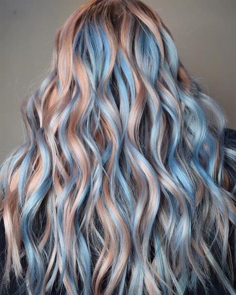 Rustic Hair Color, Blonde With Blue Highlights, Fun Hair Color Ideas For Blondes, April Vibes, Blonde And Blue Hair, Rainbow Spectrum, 2023 Aesthetic, Brown Ombre Hair, Candy Hair