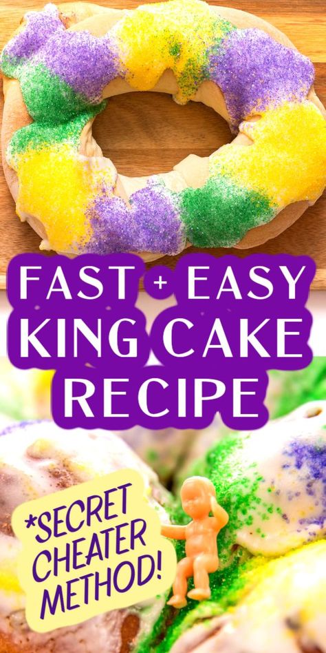 QUICK AND EASY KING CAKE RECIPE FOR FAMILY MARDI GRAS CELEBRATION IDEAS Mardi Gras Cake Recipe, Three Kings Cake Recipe, Recipe For King Cake, King Cake History, Easy King Cake Recipe, Homemade King Cake, Easy King Cake, Fat Tuesday Food, Mardi Gras Desserts