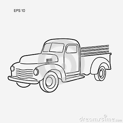 Drawing Of Trucks Easy, Old Truck Drawing Easy, Cement Truck Drawing, Old Farm Truck Drawing, Old Car Drawing Sketch, Truck Drawing, Line Art Vector, Old Truck, Urban Sketching