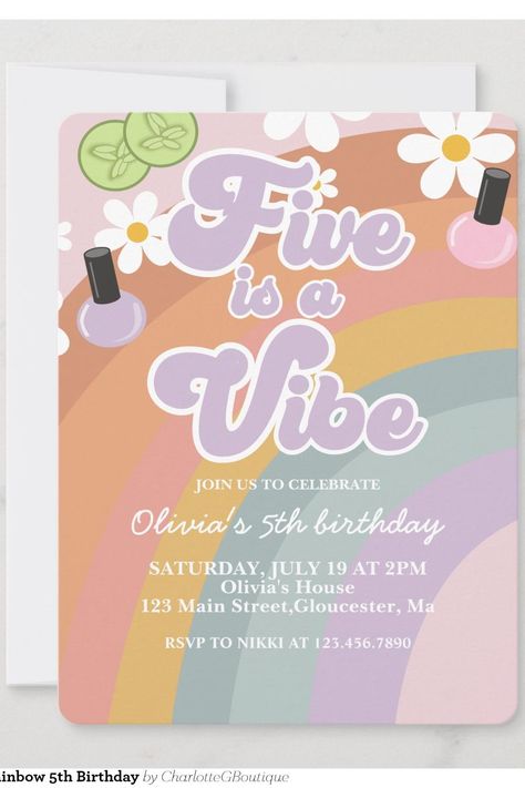 Five is a vibe Spa Rainbow 5th Birthday Invitation Five Is A Vibe, 5th Birthday Invitation, Cake Designs For Kids, Rainbow Birthday Invitations, 5th Birthday Party, 5th Birthday Party Ideas, Rainbow Birthday, 5th Birthday, Birthday Party Invitations