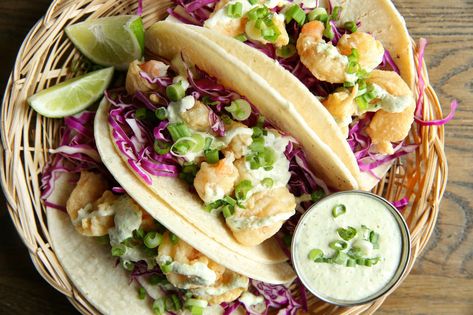 Shrimp Tempura TacosDelish Best Fish Taco Recipe, Tempura Shrimp, Scallions Recipes, Seafood Dinners, Steak And Shrimp, Shrimp Tempura, Fish Tacos Recipe, Shrimp Recipes Easy, Shrimp Tacos