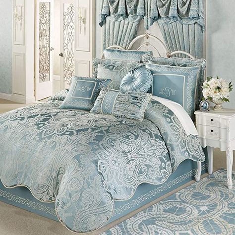 Amazon.com: Touch of Class Romantic Regency - Oversized Comforter Set - Jacquard Woven Scrollwork - Parisian Blue - Queen - Elegant Style - Luxury Regal Bedding - Includes Bedskirt, Shams for Bed - Poly Satin : Home & Kitchen Parisian Blue, Oversized Comforter, Blue Comforter Sets, Blue Comforter, European Pillows, Modern Luxury Bedroom, Luxury Bedding Sets, Queen Comforter Sets, Queen Comforter