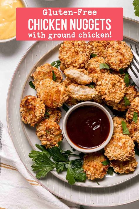 You must try these crispy gluten-free chicken nuggets! They are perfect for the air fryer or baked in the oven. These homemade chicken nuggets are so easy to make and require only a few simple ingredients. Made with ground chicken to be more like a fast food nugget. Sure to be loved by the whole family! Air Fried Chicken Nuggets, Dill Pickle Juice, Air Fryer Chicken Nuggets, Gluten Free Chicken Nuggets, Fried Chicken Nuggets, Homemade Chicken Nuggets, Chicken Nugget Recipes, Nuggets Recipe, Air Fried Chicken