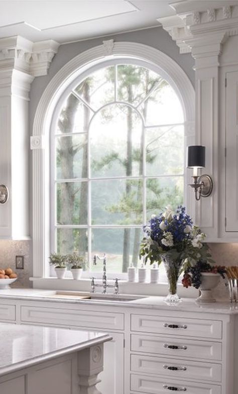 Half Arch Window, Arch Window Kitchen, Arch Kitchen Window, Arched Window Apartment, Arch Window Kitchen Sink, Window Above Kitchen Sink, Classical Kitchen, Above Kitchen Sink, Palladian Window