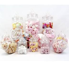 Candy Bar Ideas, Plastic Candy Jars, Sweet Table Wedding, Sweet Jars, Buffet Set, Vintage Jars, Sweet Shop, Candy Table, Plastic Jars