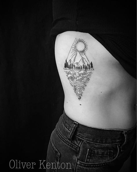 Mountain And Ocean Tattoo, Tattoo Writing Styles, Scenic Tattoo, Ocean Tattoo, Maori Tattoos, Tattoo Trend, Ocean Tattoos, Geometric Tattoo Design, Disney Tattoo