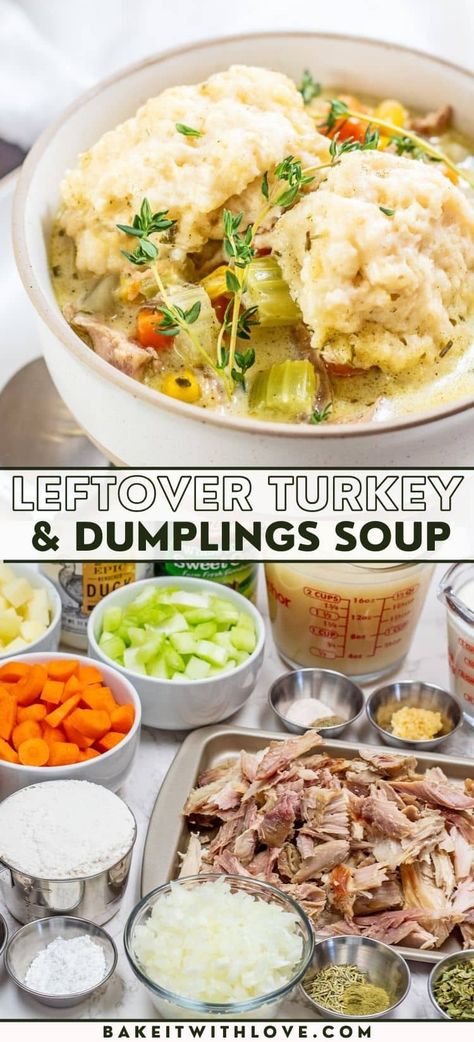 My turkey and dumplings combine chopped vegetables with leftover turkey meat in a creamy broth for a twist on the classic. This satisfying comfort food has all the traditional chicken and dumpling soup ingredients, including tender mixed veggies, rich, savory broth, and fluffy dumplings. I've even included instructions on making from-scratch broth to utilize every last bit of your leftover turkey carcass (frame) and all! BakeItWithLove.com #turkey #leftovers #recipe #dinner #soups #familymeals Leftover Turkey Recipes Crockpot, Recipes Using Turkey, Dumplings Soup Recipe, Turkey Dumplings, Leftover Chicken Soup, Dinner Soups, Using Leftover Turkey, Turkey Soup From Carcass, Dumplings Soup