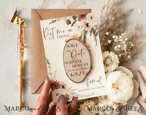 Announce your wedding in style with our Boho Save the Date Cards and Wooden Slice Magnets. These unique save the dates bring a rustic charm and a craft-inspired design to your special day. Each wooden slice magnet is carefully crafted to complement the natural elegance of your wedding theme, making them the perfect blend of boho chic and nature-inspired beauty. Our wedding save the date cards are paired with a wooden slice magnet, allowing your guests to display your save the date on their frid Wood Slice Magnets, Rustic Card Box, Nouveau Wedding, Save Our Date, Unique Save The Dates, Rustic Save The Dates, Wedding Magnet, Wooden Magnets, Summer Wedding Outdoor