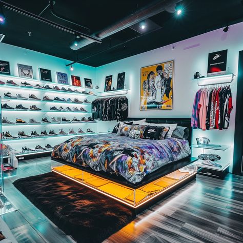 hype_beast_bedroom_double_bed_with_leds_around_the 2 (1) Hype Beast Room Ideas, Small Hypebeast Room Ideas, Hype Bedroom, Sneaker Display Bedroom, Hypebeast Office, Hype Beast Bedroom Ideas, Hype Beast Room, Hypebeast Room Ideas, Hypebeast Bedroom