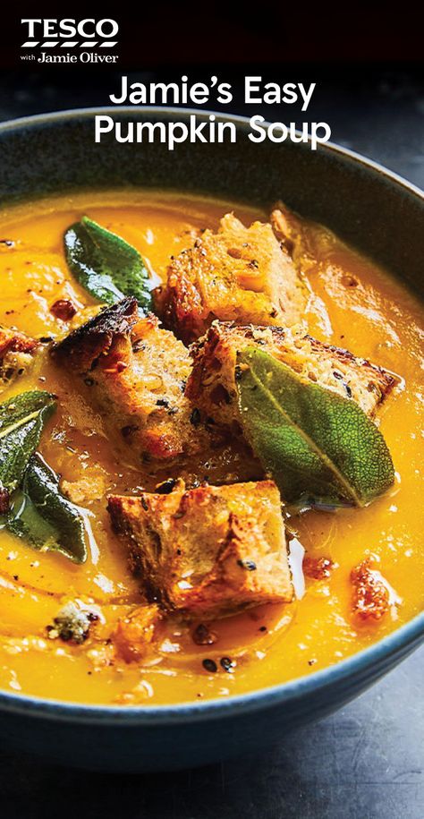 Savory Pumpkin Soup Recipe, Jamie Oliver Butternut Squash Soup, Pumpkin And Chorizo Soup, Pumpkin Sage Soup, Vegan Roasted Pumpkin Soup, Halloween Soup, Cheesy Croutons, Pumpkin Soup Recipe Easy, Roast Pumpkin Soup