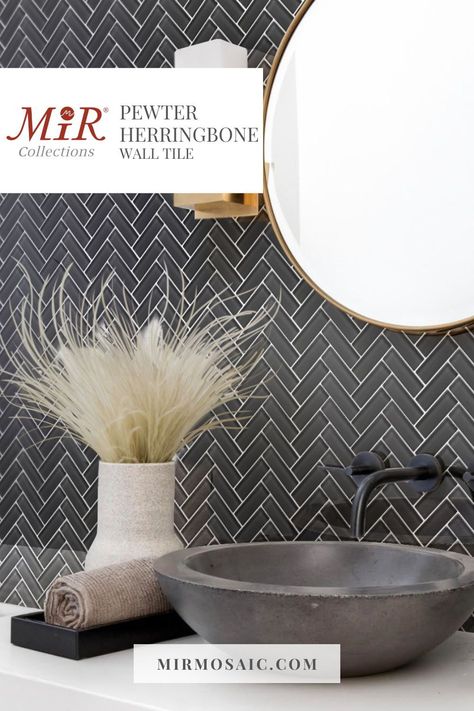 Pewter Herringbone 1x3 Gloss tile from our Color Palette collection. Diamond Tile Pattern, Herringbone Tile Pattern, Herringbone Tiles, Sleek Fireplace, Mosaic Tile Sheets, Condo Remodel, Herringbone Floor, Loft Decor, Herringbone Tile