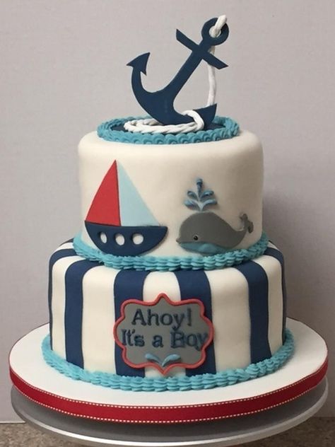 Nautical Birthday Cakes, Nautical Baby Shower Cake, Nautical Baby Shower Boy, Sailor Baby Showers, Nautical Birthday Party, Nautical Cake, Baby Shower Cakes For Boys, Trendy Baby Shower Ideas, Baby Shower Decorations For Boys