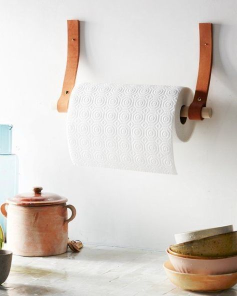 How to: Make a DIY Leather and Wood Paper Towel Holder | Man Made DIY | Crafts for Men | Keywords: diy, wood, how-to, kitchen Towel Holder Diy, Diy En Cuir, Kitchen Improvements, Diy Towels, Kitchen Roll Holder, Kitchen Paper Towel, Paper Roll Holders, Leather Wall, Towel Dispenser