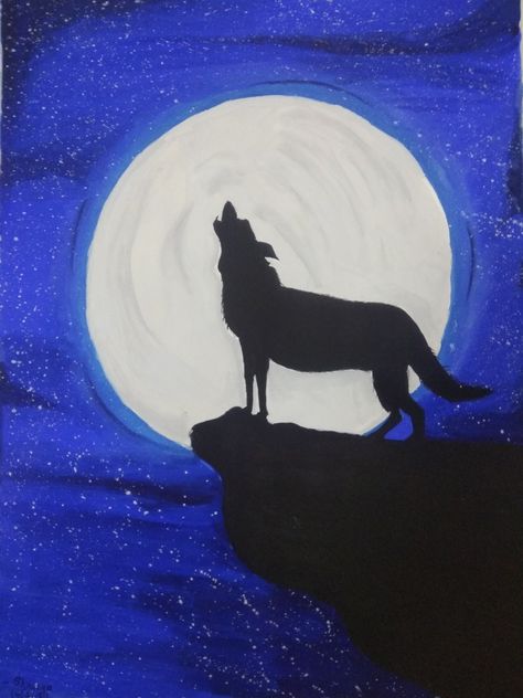 Wolf howling at the moon (silhouette painting) Wolf Howling Sketch, Moon Silhouette Painting, Wolf Silhouette Painting, Wolf Painting Easy, Valentine's Painting, Silhouette Paint, Vinyl Paintings, Wolf Howling At The Moon, Shadow Painting