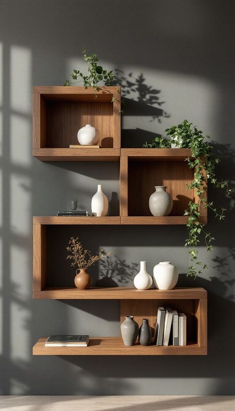 Modern wooden floating shelves with white ceramic vessels, plants, and decorative objects in a geometric pattern. Dramatic shadows emphasize the bold angles of the design. Asymmetric Floating Shelves, Unique Wall Shelves Modern Interiors, Small Space Shelves, Wooden Display Shelves, Mid Century Modern Shelves, Diy Mid Century Modern, Unique Wall Shelves, Diy Mid Century, Music Lounge