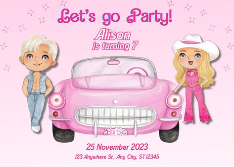 Handmade digital birthday invitations. The invitation can be easily edited and personalised using Canva. Head over to my Etsy store to purchase Barbie And Ken Invitations, Digital Birthday Invitations, Using Canva, Barbie Ken, The Invitation, Digital Video, Digital Invitation, Barbie And Ken, 7th Birthday