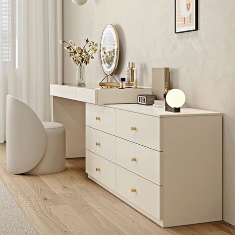 What is Included Size: 83"L x 16"W x 30"H 110.2"L x 15.7"W x 29.5"H Length: Large (Over 50 in.) Width: Standard (15 - 25 in.) Style: Modern Color: Off-White Material: Wood Wood Tone: Light Wood Product Type: Makeup Vanity Makeup Vanity & Stools Weights & Dimensions Overall Length - Side to Side: 82.5" (210 cm) 110" (280 cm) Overall Width - Front to Back: 16" (40 cm) Table Height - Top to Bottom: 29.5" (75 cm) Clearance - Floor to Bottom: 23" (59 cm) Seat Length - Side to Side: 17" (43 cm) Seat Width - Front to Back: 17" (43 cm) Seat Height  Floor to Seat: 16.5" (42 cm) Cabinets Included: Cabinet Not Included Features Feature: Drawers Mirror Included: Without Mirror Seat Included: No Yes Seating Color: Beige Frame Material: Metal Upholstered Chair: Upholstered Chair(s) Upholstery Co Large Dressing Table Ideas, Neutral Vanity Bedroom, Small Vanity Design, Bedroom With Makeup Vanity, Narrow Dressing Table, White Wood Vanity, Bedroom Layouts For Small Rooms, Glass Top Vanity, Modern Makeup Vanity