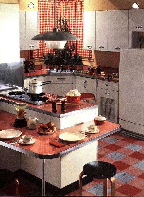 50’s Kitchen, 1950 Kitchen, Mid Mod Kitchen, 80s Kitchen, 1960s Kitchen, Red And White Kitchen, Vintage Inspired Kitchen, Vintage Housewife, Mcm House