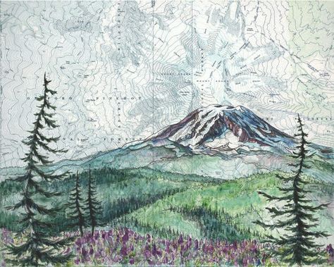 Oregon Mountains, Washington Mountains, Topography Map, Mountain Illustration, Star Illustration, Painting Snow, Summer Painting, Topo Map, 5x7 Print