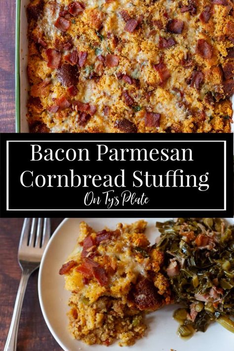 Bacon Parmesan Cornbread Stuffing — a southern-style cornbread stuffing recipe packed with bacon, herbs, and delicious aromatics. Bacon Cornbread, Southern Style Cornbread, Cornbread Stuffing Recipes, Cornbread Stuffing, Seasoned Veggies, Herb Roasted Chicken, Holiday Side Dishes, Stuffing Recipes, Cooked Veggies