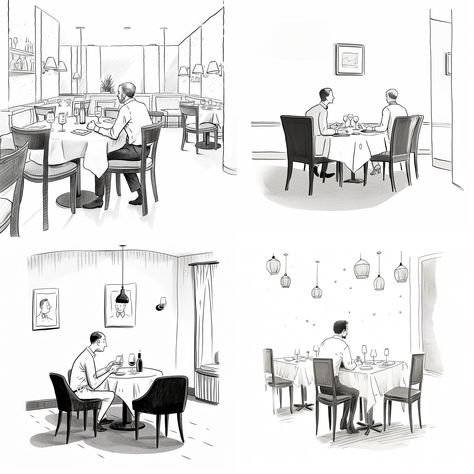 a man is table in a chic restaurant, in front of him and dining with him, on a chair there is a huge honeypot, they seem to be in love, french restaurant, minimalist drawing, black and white, The New-Yorker style, humor --v 5 Dining Table Drawing, People In Restaurant, Table Sketch, Diner Table, Drawing Black And White, To Be In Love, Eating Table, Kitchen Drawing, Chair Pose