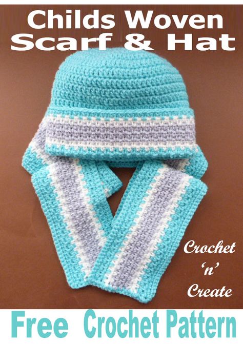 Sweet child's woven scarf-hat, free crochet pattern from crochet 'n' create. #crochetscarf #crochetchildsscarf #childshatandscarf #crochetncreate #crochet #howto #crochetpattern #freecrochetpattern #easypattern #freepattern #forbeginners #diy #crafts Crochet Hat And Scarf, Crochet Kids Scarf, Crochet Scarf Pattern Free, Crocheted Hat, Woven Scarves, Kids Scarf, Hat And Scarf, Scarf Crochet Pattern, Hat Crochet