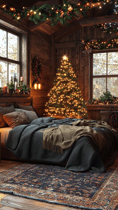 Christmas Cabin Bedroom, Christmas Cabin In The Woods, Cozy Rustic Cabin, Christmas Cabins, Rustic Winter Wonderland, Cozy Cabin Decor, Cozy Winter Cabin, Lights Winter, Christmas Cabin