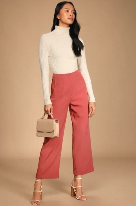 Get inspired with cute spring outfits perfect for any occasion. From jumpsuits to midi skirts, update your wardrobe with fresh ideas. Mauve Wide Leg Pants Outfit, Coral Outfit Ideas, Colorful Work Outfits, Office Trousers Women, Colorful Business Casual, Mission Fits, Headshots Ideas, Business Fits, Coral Outfit