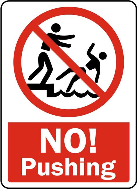 This No Pushing Sign has informational messages for property and swimming policy concerns. A No Pushing Sign is a helpful aid for the protection of the health and safety of others in pool and swimming areas, and is not an alternative for required protective actions for eliminating or reducing hazards. Swimming Sign, Pool Rules Sign, Swimming Pool Signs, Pool Rules, Las Vegas Vacation, Pool Signs, Vegas Vacation, Pool Area, Warning Signs