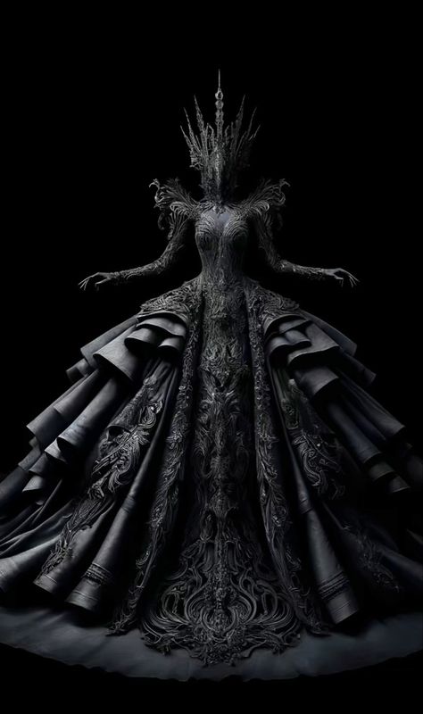 Villain Gown, Black Fairytale Dress, Dark Fantasy Gown, Dark Queen Dress, Black Fantasy Dress, Villain Dresses, Slytherin Fashion, Twilight Outfits, Dark Wedding Theme