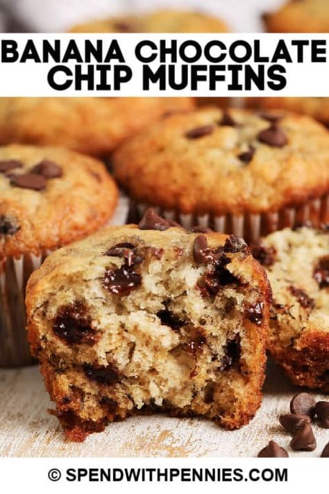 Banana Chocolate Chip Muffins {Quick & Easy!} - Spend With Pennies Chocolate Chip Banana Muffins, Chocolate Chip Muffin Recipe, Simple Muffin Recipe, Chocolate Chip Banana, Banana Chocolate Chip Muffins, Banana Chocolate, Banana Chocolate Chip, Chocolate Chip Muffins, Banana Recipes