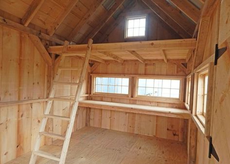 10x16-hobby-house-interior-storage-loft-workbench-artist-studio Loft With Ladder, Shed With Loft, Backyard Cabin, Wooden Storage Sheds, Build A Dog House, Interior Floor Plan, Shed Interior, Studio Shed, Shed To Tiny House